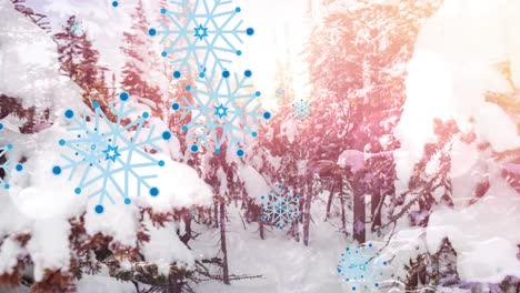 Animation-of-snowflakes-falling-over-winter-landscape