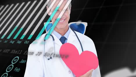 Animation-of-financial-graphs,-data-and-globe-over-happy-caucasian-doctor-holding-heart