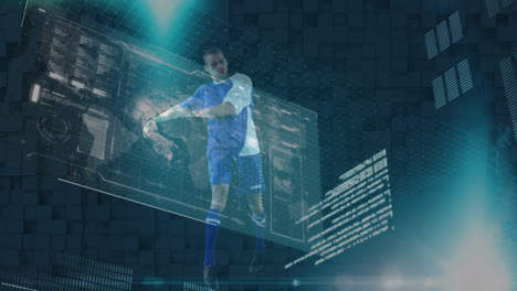 Animation-of-interface-with-data-processing-over-caucasian-male-soccer-player-kicking-the-ball