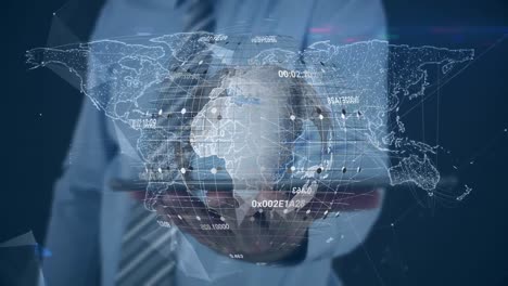 Animation-of-globe-with-data-processing-and-world-map-over-caucasian-businessman