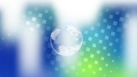 Animation-of-globe-over-white,-green-and-blue-background