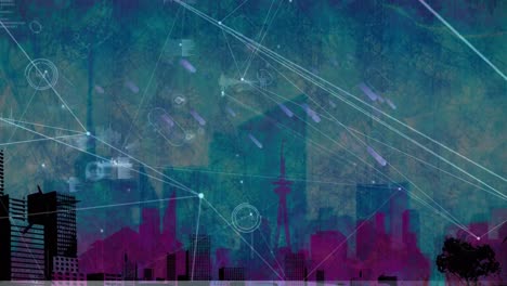 Animation-of-network-of-connections-with-purple-shapes-over-cityscape