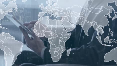 Animation-of-world-map-and-cityscape-over-caucasian-businessman-with-tablet