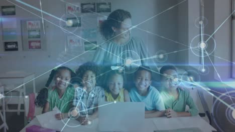 Animation-of-network-of-connections-over-caucasian-female-teacher-and-diverse-pupils-with-laptop