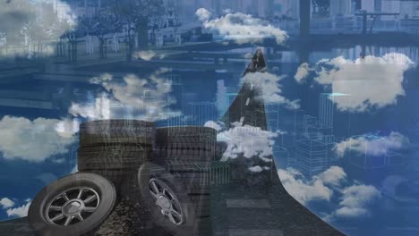 Animation-of-tyres-over-clouds-and-cityscape