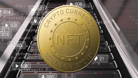 Animation-of-coin-with-nft,-data-processing-and-social-media-reactions-over-servers