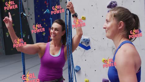 Animation-of-girls-power-over-two-caucasian-women-climbing