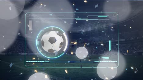 Animation-of-soccer-field,-ball-and-confetti-at-stadium