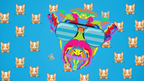Animation-of-cats-over-colorful-dog-in-glasses-on-blue-background