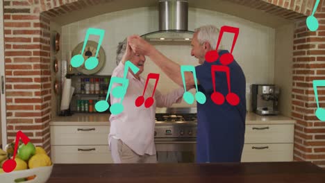 Animation-of-falling-notes-over-caucasian-senior-couple-dancing
