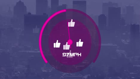 Animation-of-like-icons-and-speedometer-over-cityscape
