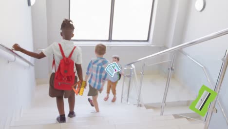 Animation-of-school-item-moving-over-diverse-pupils-walking-on-school-stairs