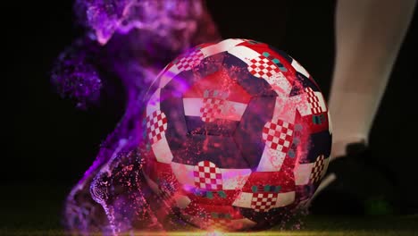 Animation-Von-Glitzer-über-Den-Beinen-Eines-Kaukasischen-Männlichen-Fußballspielers,-Der-Einen-Ball-Mit-Der-Flagge-Kroatiens-Kickt