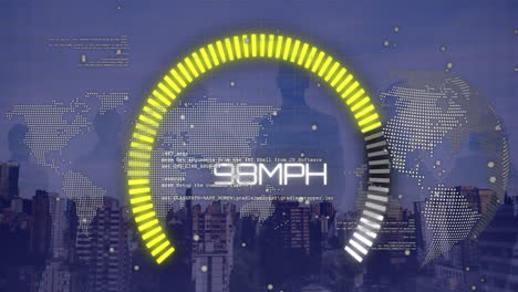 Animation-of-speedometer-over-world-map,-globe,-peoples-silhouette-and-cityscape