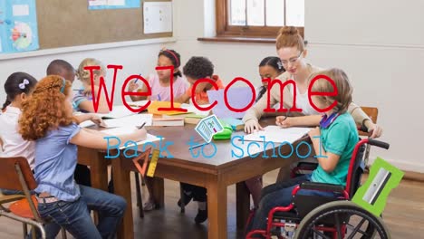 Animation-of-back-to-school-text-over-disabled-and-diverse-schoolchildren-with-teacher