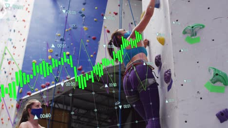 Animation-of-data-processing-over-caucasian-women-climbing