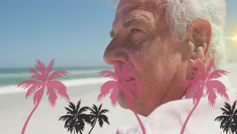 Animation-of-palm-trees-over-caucasian-senior-men-on-the-beach