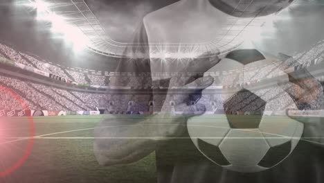 Animation-of-caucasian-male-soccer-player-with-football-over-stadium