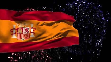 Animation-Der-Flagge-Spaniens-über-Feuerwerk-Auf-Schwarzem-Hintergrund