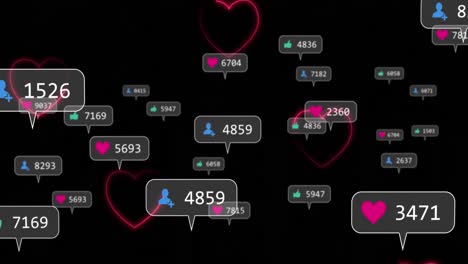 Animation-of-neon-hearts-over-social-media-reaction-on-black-background
