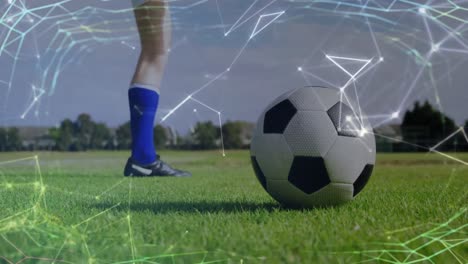 Animation-Von-Verbindungen-über-Den-Beinen-Eines-Kaukasischen-Männlichen-Fußballspielers-Und-Balls