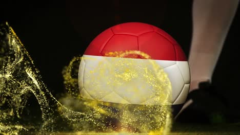 Animación-De-La-Bandera-De-Los-Países-Bajos-Y-Un-Jugador-De-Fútbol-Pateando-El-Balón-Sobre-Formas.