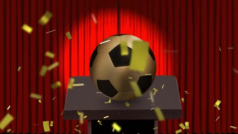 Animation-of-confetti-falling-over-soccer-ball-and-red-curtain