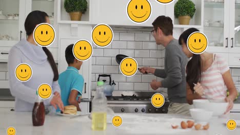 Animation-of-social-media-icons-falling-over-cooking-family