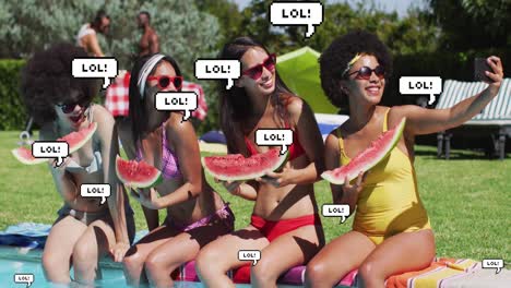 Animation-of-social-media-icons-falling-over-three-biracial-women-using-smartphone-at-the-pool