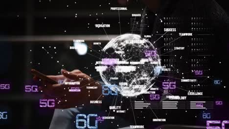 Animation-of-6g,-globe-with-connections-and-hands-of-caucasian-man-using-smartphone