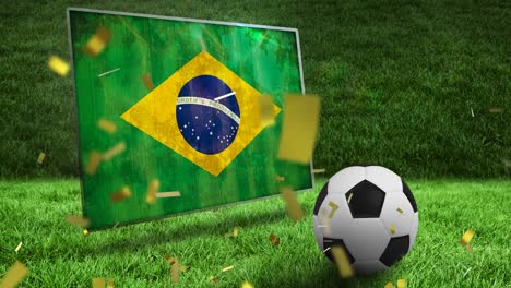 Animation-of-confetti-and-flag-of-brazil-over-football-and-stadium