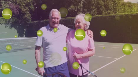 Animation-of-falling-tennis-ball-over-caucasian-senior-couple-on-the-tennis-court