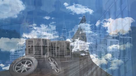 Animation-of-metaverse-city-over-tires,-road-and-clouds