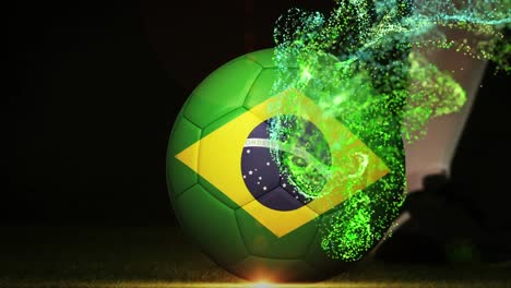 Animation-of-glitter-over-legs-of-caucasian-male-soccer-player-kicking-ball-with-flag-of-portugal