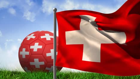 Animation-Der-Flagge-Der-Schweiz-Und-Des-Fußballs-über-Dem-Stadion