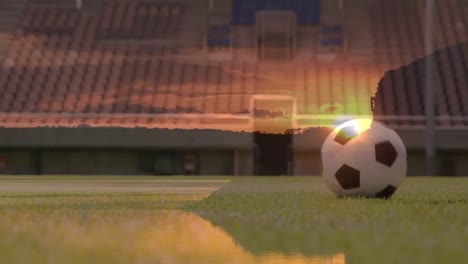 Animation-Der-Landschaft-über-Einem-Kaukasischen-Fußballspieler,-Der-Fußball-Spielt