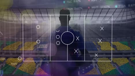 Animation-of-soccer-field,-graphs-over-lights-and-man-silhouette-at-stadium