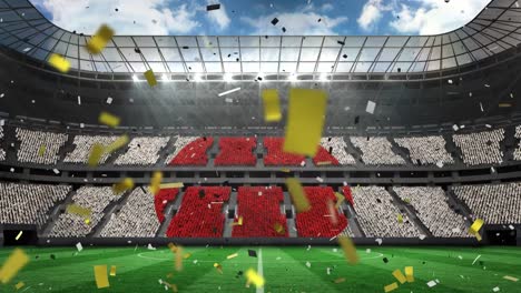 Animation-of-confetti-falling-over-sport-stadium-with-flag-of-japan