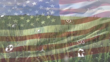 Animation-of-eco-icons-over-flag-of-usa-and-field