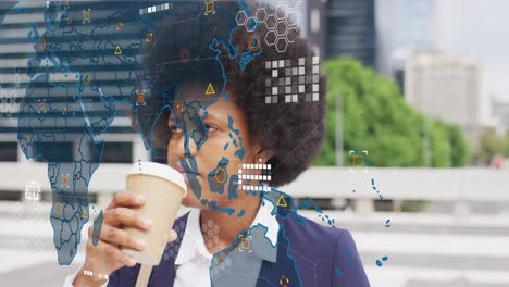 Animation-of-data-processing-and-world-map-over-african-american-woman-drinking-coffee