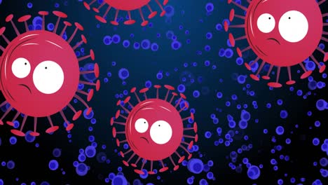 Animation-of-red-viruses-over-blue-cells-on-navy-background
