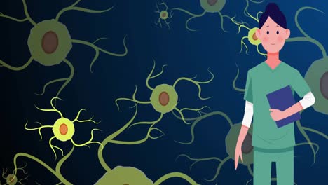 Animation-of-caucasian-female-doctor-over-green-cells-on-navy-background