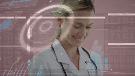 Animation-of-data-processing-and-scope-scanning-over-caucasian-female-doctor-using-tablet