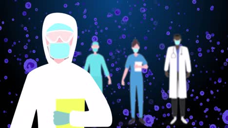 Animation-of-doctor-in-safety-uniform-over-blue-cells-on-navy-background