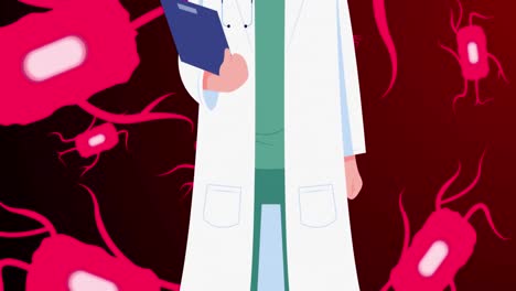 Animation-Eines-Kaukasischen-Männlichen-Arztes-Mit-Gesichtsmaske-über-Roten-Blutkörperchen-Auf-Rotem-Hintergrund
