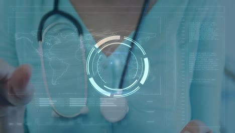 Animation-Der-Datenverarbeitung-Und-Weltkarte-über-Einer-Biracial-Ärztin-Mit-Tablet