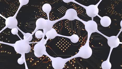 Animation-of-molecules-over-computer-circuit-board-on-black-background