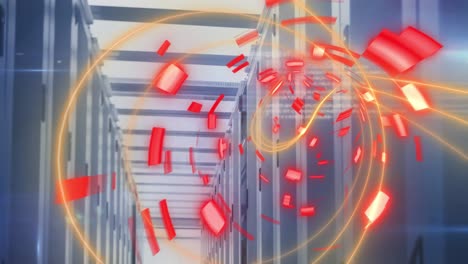 Animation-of-light-trails-and-shapes-over-server-room