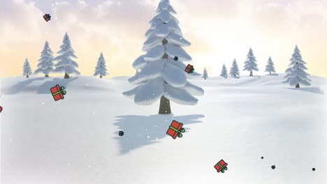 Animation-Von-Geschenken-Und-Schnee,-Der-Zu-Weihnachten-über-Die-Winterlandschaft-Fällt