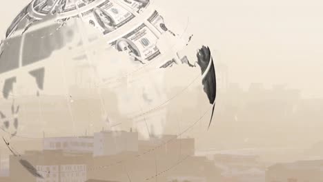 Animation-of-globe-with-banknotes-over-cityscape